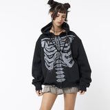 Trizchlor Skeleton Print Zip Up Loose Oversized Hoodie