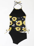 Trizchlor-Sunflower Print Halter Neck Drawstring Tankini Set