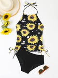 Trizchlor-Sunflower Print Halter Neck Drawstring Tankini Set