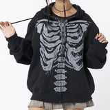 Trizchlor Skeleton Print Zip Up Loose Oversized Hoodie