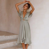 Trizchlor-Back to college   V Neck  Hollow Out Satin Dresses Vintage Ruffled Lace Up Petal Sleeves Asymmetry Party Maxi Dress