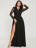 Trizchlor   Spring Summer Black   Lace Long Sleeve High Slit Evening Dresses Ladies V Neck Nightclub Robes Prom Party A Line Gowns