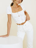 Trizchlor-Tops Women 2024 Short Puff Sleeve Embroiery Blouse White Top Square Neck Lace Up Tie Bow Back Smocked Button Up Summer Crop Top