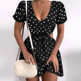 Trizchlor Back to college Fashion   Summer   Puff Sleeve Backless Mini Dress Polka Dot Hollow Out Lace Up Vintage Party Dresses