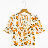 Trizchlor-Women Blouses Summer Beach Style Vacation Lemon Print Casual Blouse 2024 Clothes Sweetheart Neck Tie Bow Short Puff Sleeve Top