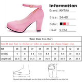 Trizchlor Women Fashion Flock Pumps Ladies Sweet Thick High Heels Shoes Female Ankle Strap Suede Mary Jane Woman Party Casual Footwear