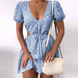 Trizchlor Back to college Fashion   Summer   Puff Sleeve Backless Mini Dress Polka Dot Hollow Out Lace Up Vintage Party Dresses