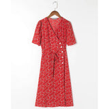 Summer Dress For Women Clothing 2021 V Neck Short Sleeve Button Tie Waist Wrap Dress Elegant Vintage Floral Print Midi Dress