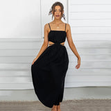 Trizchlor-Back to college   Sleeveless Hollow Out Summer Black Midi Dress Women Ruffle A-Line Vintage Blackless Lace Up Boho Spaghetti Dresses