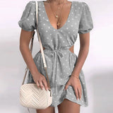 Trizchlor Back to college Fashion   Summer   Puff Sleeve Backless Mini Dress Polka Dot Hollow Out Lace Up Vintage Party Dresses