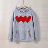 fashion killa Hot Selling Women's Fleece-lined Sweater Plain Heart-Shaped Printed Kangaroo Pocket Drawstring Drop Shoulder Sleeve Hooded