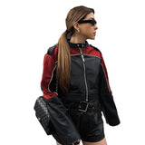 High-End American Retro Slim-Fit Contrast Color Short Motorcycle Leather Jacket Autumn and Winter Fashion Personalized Stand Collar Zipper Jacket