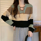 college outfits V-neck Contrast Color Short Long-Sleeved Sweater for Women Spring New Striped Binding Rope Slimming Slim Fit Small Top