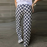 preppy Spring New Chessboard Plaid Printed Casual Pants for Women 2024 Personality Niche Loose High Waist Wide Leg Pants for Women