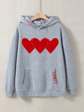 fashion killa Hot Selling Women's Fleece-lined Sweater Plain Heart-Shaped Printed Kangaroo Pocket Drawstring Drop Shoulder Sleeve Hooded