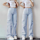 school fits highschool New Versatile Casual Mid-Waist Three-Dimensional Pocket Long Waist Tight Tooling Casual American Style