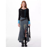 Spring and Summer New American Retro High Waist Slimming Mid-Length Split Denim Fishtail Skirt for Women