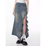 Spring and Summer New American Retro High Waist Slimming Mid-Length Split Denim Fishtail Skirt for Women