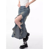 Spring and Summer New American Retro High Waist Slimming Mid-Length Split Denim Fishtail Skirt for Women