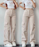 school fits highschool New Versatile Casual Mid-Waist Three-Dimensional Pocket Long Waist Tight Tooling Casual American Style