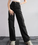 school fits highschool New Versatile Casual Mid-Waist Three-Dimensional Pocket Long Waist Tight Tooling Casual American Style