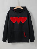 fashion killa Hot Selling Women's Fleece-lined Sweater Plain Heart-Shaped Printed Kangaroo Pocket Drawstring Drop Shoulder Sleeve Hooded