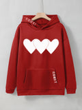 fashion killa Hot Selling Women's Fleece-lined Sweater Plain Heart-Shaped Printed Kangaroo Pocket Drawstring Drop Shoulder Sleeve Hooded