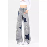 school fits highschool American Retro Star Jeans for Women Spring and Summer 2024 New High Waist Loose Straight Casual Wide Leg Pants for Women