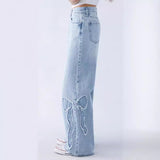 jeans New American-Style Embroidered Side Frayed Butterfly Jeans Women's High Street Design Hot Girl Loose Straight Pants