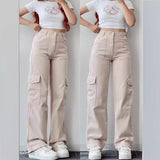 school fits highschool New Versatile Casual Mid-Waist Three-Dimensional Pocket Long Waist Tight Tooling Casual American Style