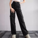 school fits highschool New Versatile Casual Mid-Waist Three-Dimensional Pocket Long Waist Tight Tooling Casual American Style