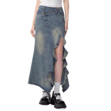 Spring and Summer New American Retro High Waist Slimming Mid-Length Split Denim Fishtail Skirt for Women