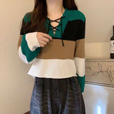 college outfits V-neck Contrast Color Short Long-Sleeved Sweater for Women Spring New Striped Binding Rope Slimming Slim Fit Small Top