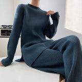 business casual outfits for women Factory Autumn and Winter New Lazy Style Elegant Solid Color Simple Temperament Knitted Sweater Wide Leg Pants Two-Piece Set