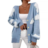 Trizchlor  Women's Sweater Long Sleeve Cardigan White Cloud Jacquard Mid-Length Spring and Autumn