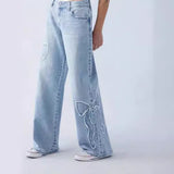 Trizchlor jeans New American-Style Embroidered Side Frayed Butterfly Jeans Women's High Street Design Hot Girl Loose Straight Pants