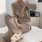 business casual outfits for women Factory Autumn and Winter New Lazy Style Elegant Solid Color Simple Temperament Knitted Sweater Wide Leg Pants Two-Piece Set