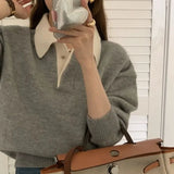 Trizchlor Deeptown Vintage Long Sleeve Female Sweater Korean Style Youthful Woman Gray Jerseys Office Wear Elegant Ladies Knit Pullovers