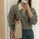 Trizchlor Deeptown Vintage Long Sleeve Female Sweater Korean Style Youthful Woman Gray Jerseys Office Wear Elegant Ladies Knit Pullovers