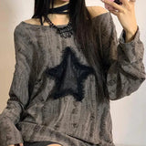 Trizchlor Y2K Hole Star Print T-Shirt Women Fashion Streetwear Off Shoulder Tops Summer Oversized Kpop Long Sleeve Loose Tees Ladies New