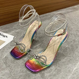 Trizchlor-Sexy Rhinestone Bowknot Women's Sandals Jelly Transparent High Heels Summer Ankle Buckle Strap Party Shoe