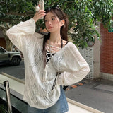 Trizchlor Knitted Hollow Out Shirt Women White Loose Lace Up Long Sleeve T Shirt Korean Fashion Chic Y2K Preppy Style Thin Tops New