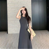 Trizchlor French Sleeveless Tank Dress Women Fashion Elegant Chic Slim A Line Long Dress Summer Vacation All Match Casual Solid Vestidos