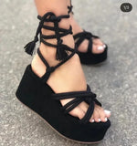 Trizchlor-20243 Summer New Platform Wedge Sandals for Women Fashion Round Toe Cross Tied Height Increase Open Toe Femme Sandal Plus