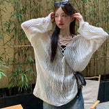 Trizchlor Knitted Hollow Out Shirt Women White Loose Lace Up Long Sleeve T Shirt Korean Fashion Chic Y2K Preppy Style Thin Tops New