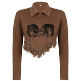 Trizchlor Fringe Detail Printed Crop Sweatshirt