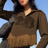 Trizchlor Fringe Detail Printed Crop Sweatshirt