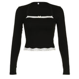 Trizchlor - French Lace Trim Splice Slim Long Sleeve Tee