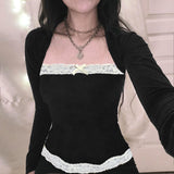 Trizchlor - French Lace Trim Splice Slim Long Sleeve Tee