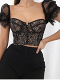 Trizchlor Stretch Lace Corset Top Embroidered Sexy Blouse See Through Underwire Blouses Billowy Sleeve Crop Top Square Collar 2023